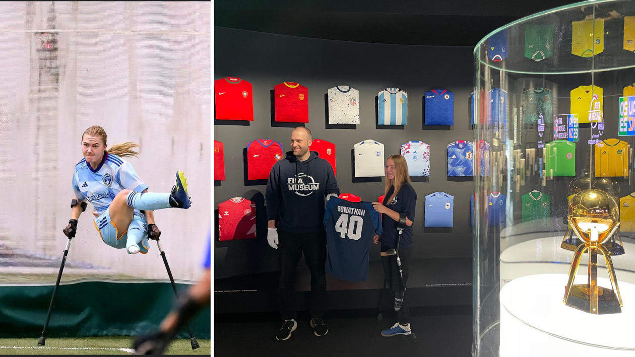 Amie, pictured here on the left, playing amputee soccer. On the right, is a photo of her being inducted into the FIFA museum, holding her jersey. 